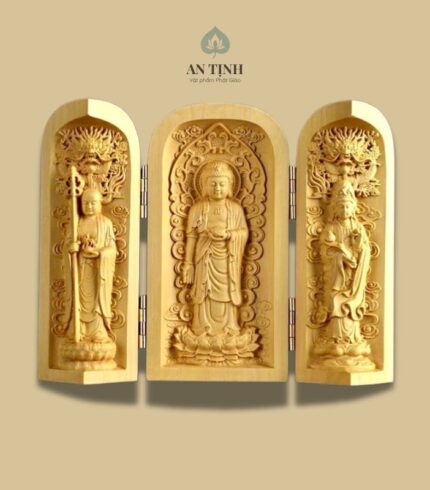 Hộp gỗ hoàng dương 3 tượng Phật Như Lai Bồ Tát Địa Tạng