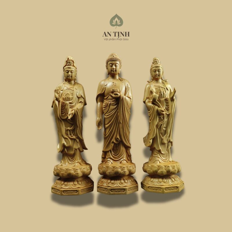 Bộ Tượng Tây Phương Tam Thánh Gỗ Hoàng Dương 20cm
