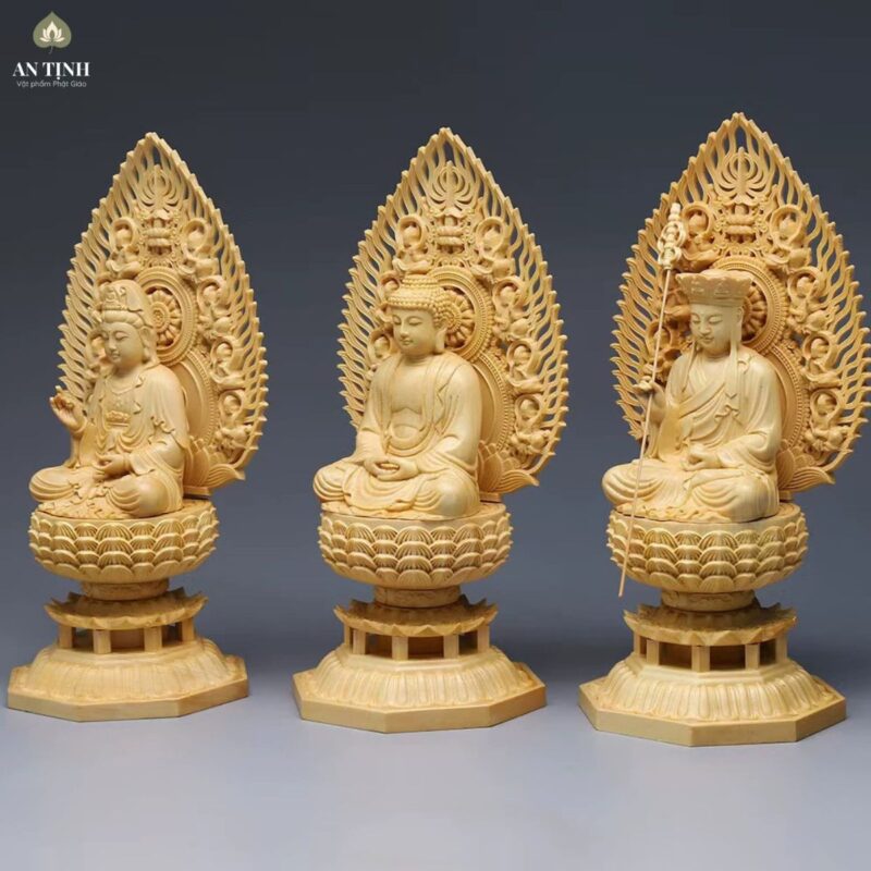 Bộ Tượng Tây Phương Tam Thánh Ngồi Gỗ Bách 28cm