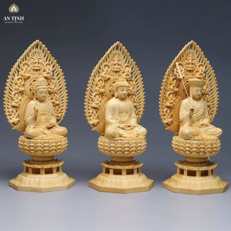 Bộ Tượng Tây Phương Tam Thánh Ngồi Gỗ Bách 28cm