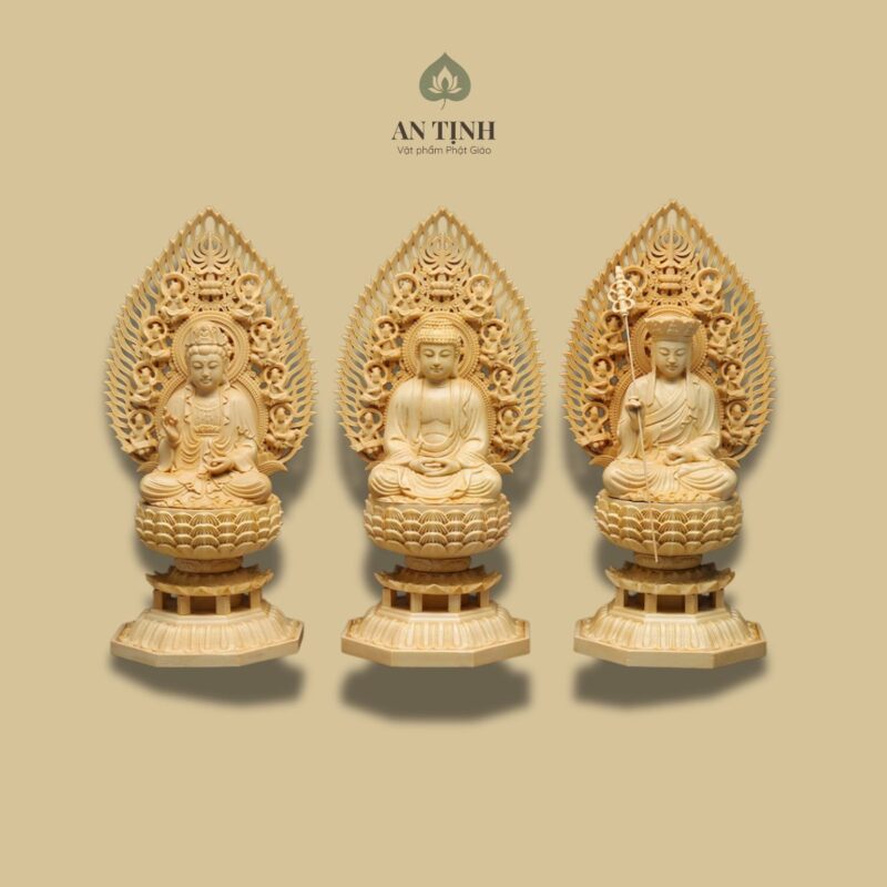 Bộ Tượng Tây Phương Tam Thánh Ngồi Gỗ Bách 28cm