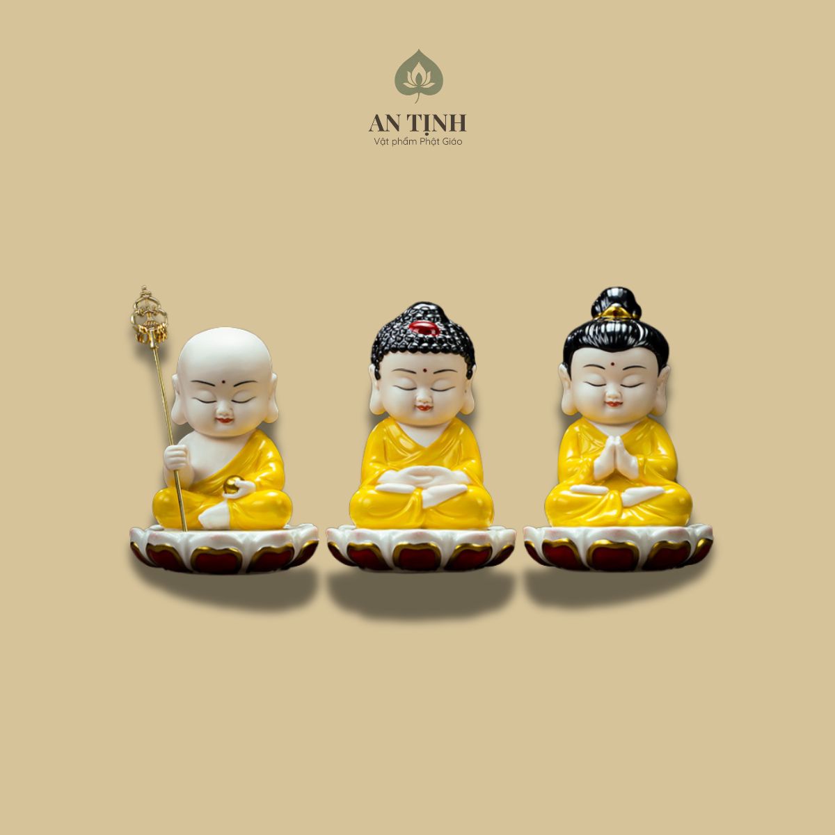 Bộ Tượng Tây Phương Tam Thánh Nhỏ Mặc Áo Vàng