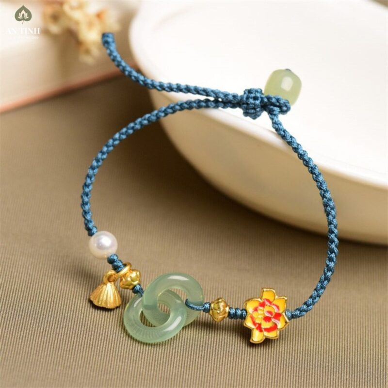 Vòng Tay Chỉ Xanh Hoa Sen Ngọc Xanh