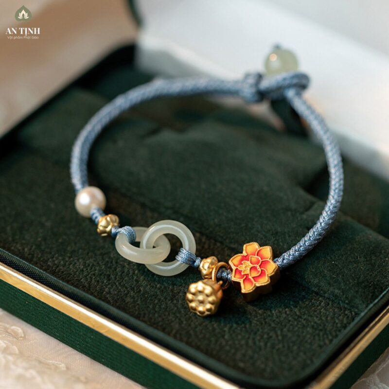 Vòng Tay Chỉ Xanh Hoa Sen Ngọc Xanh