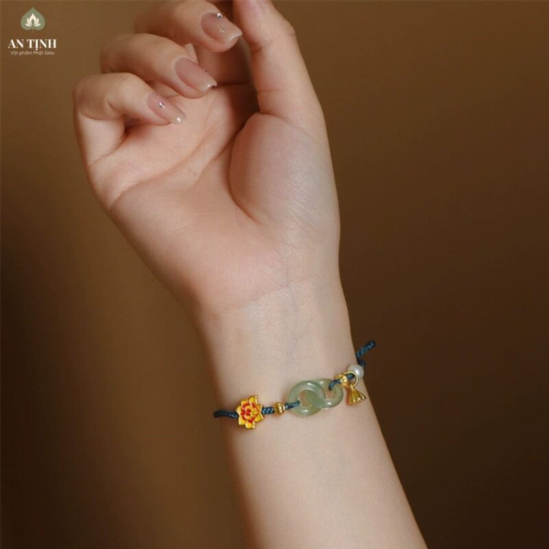 Vòng Tay Chỉ Xanh Hoa Sen Ngọc Xanh