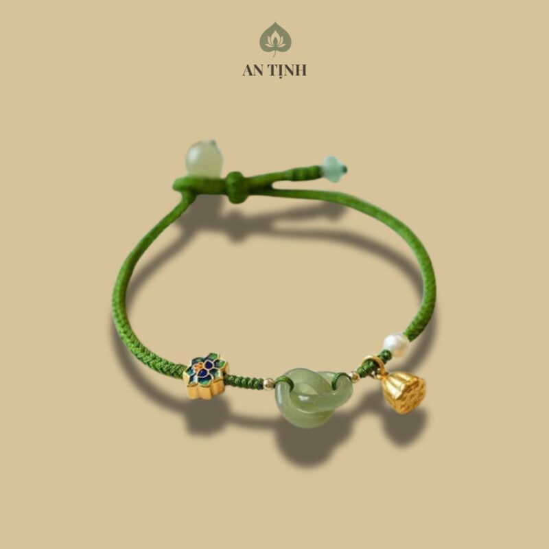 Vòng Tay Chỉ Xanh Lá Hoa Sen Ngọc Xanh