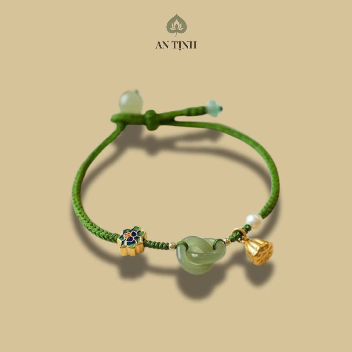Vòng Tay Chỉ Xanh Lá Hoa Sen Ngọc Xanh