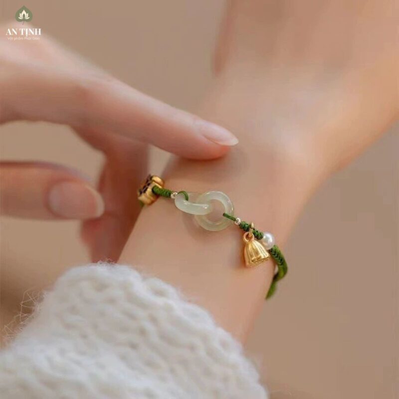 Vòng Tay Chỉ Xanh Lá Hoa Sen Ngọc Xanh
