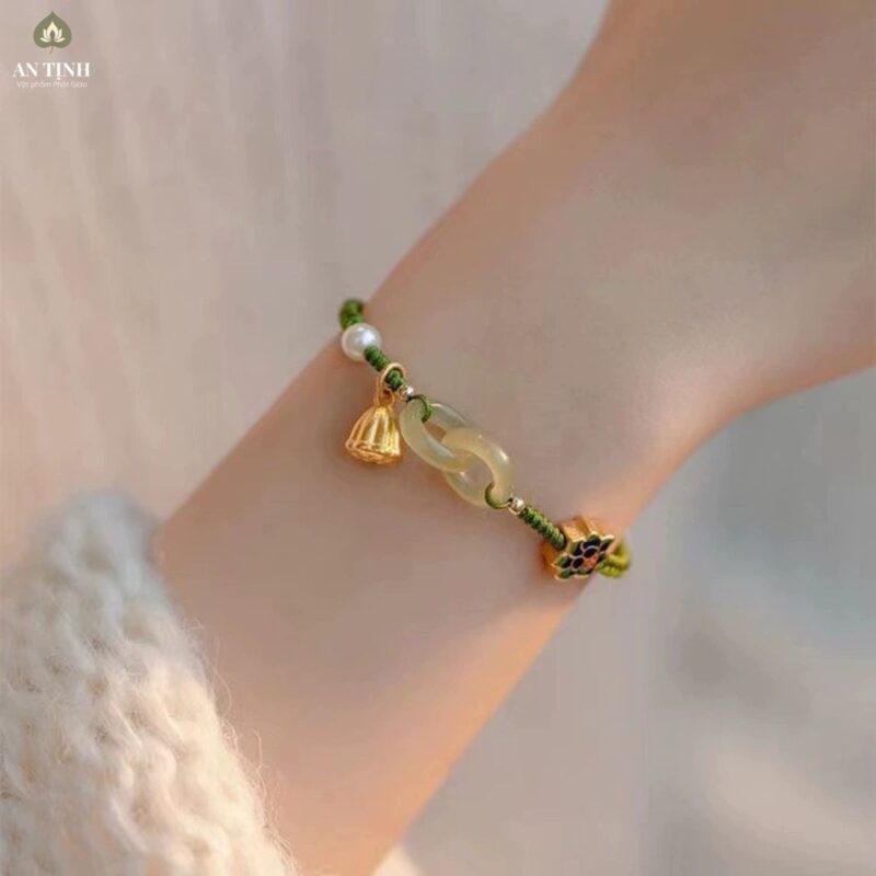 Vòng Tay Chỉ Xanh Lá Hoa Sen Ngọc Xanh