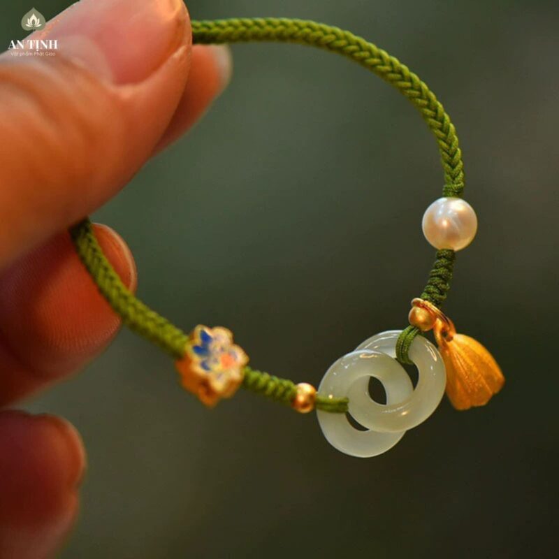 Vòng Tay Chỉ Xanh Lá Hoa Sen Ngọc Xanh