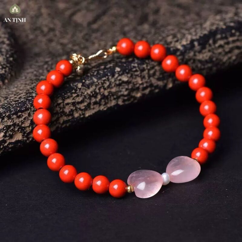 Vòng Tay Đá San Hô Đỏ Charm Hồ Điệp Thạch Anh Hồng