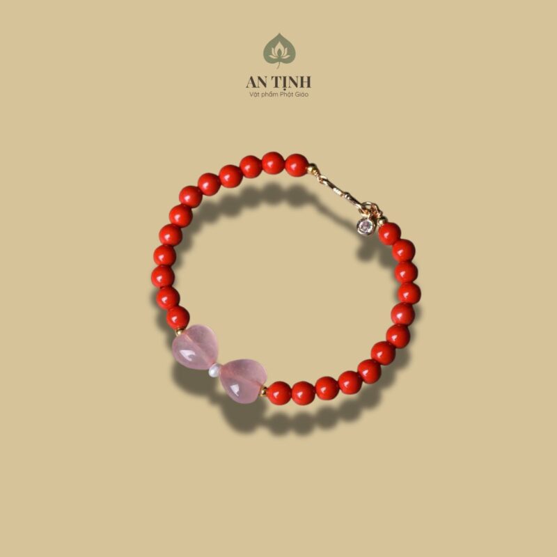 Vòng Tay Đá San Hô Đỏ Charm Hồ Điệp Thạch Anh Hồng
