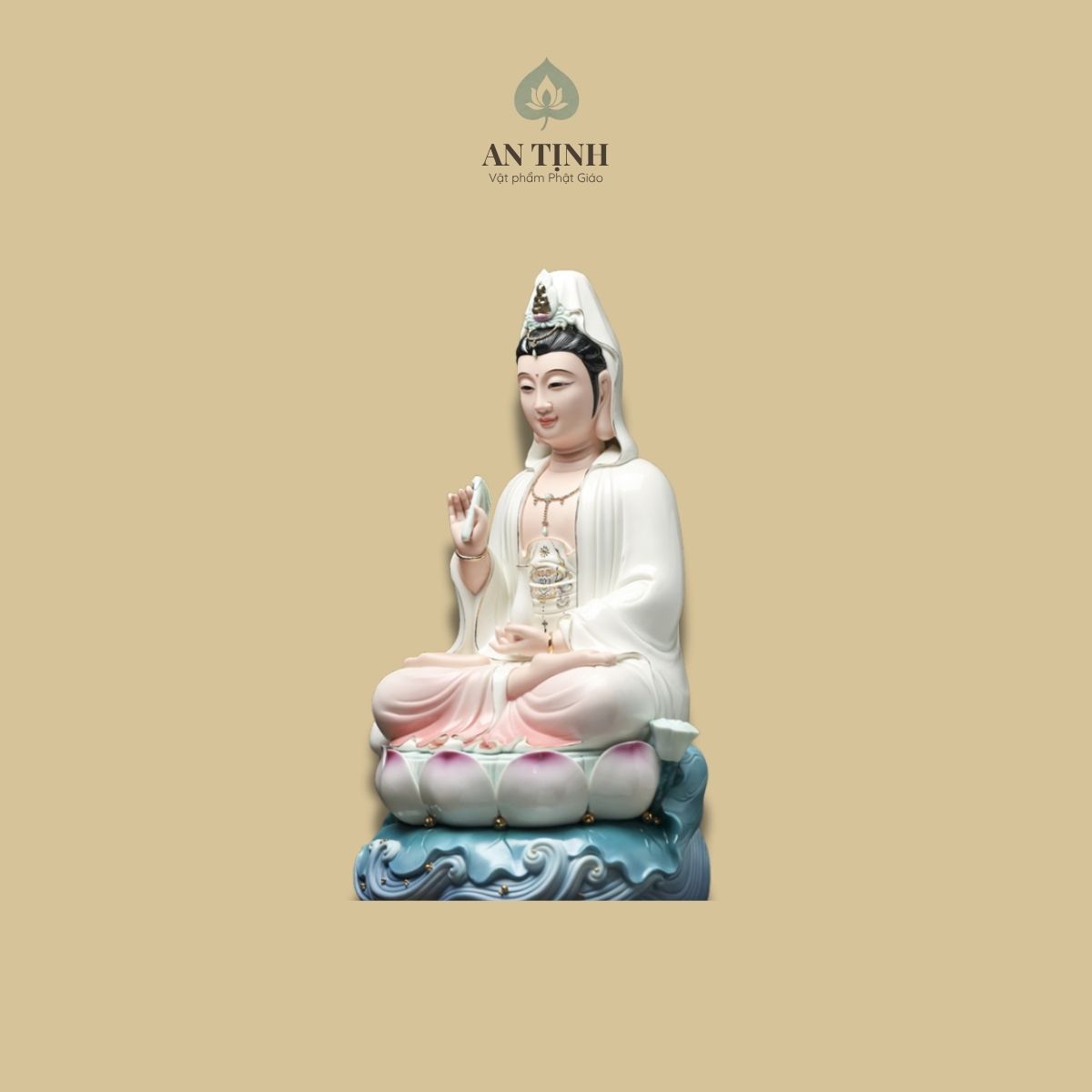 Tượng Phật Bà Quan Âm ngồi hoa sen mặt cười 31cm