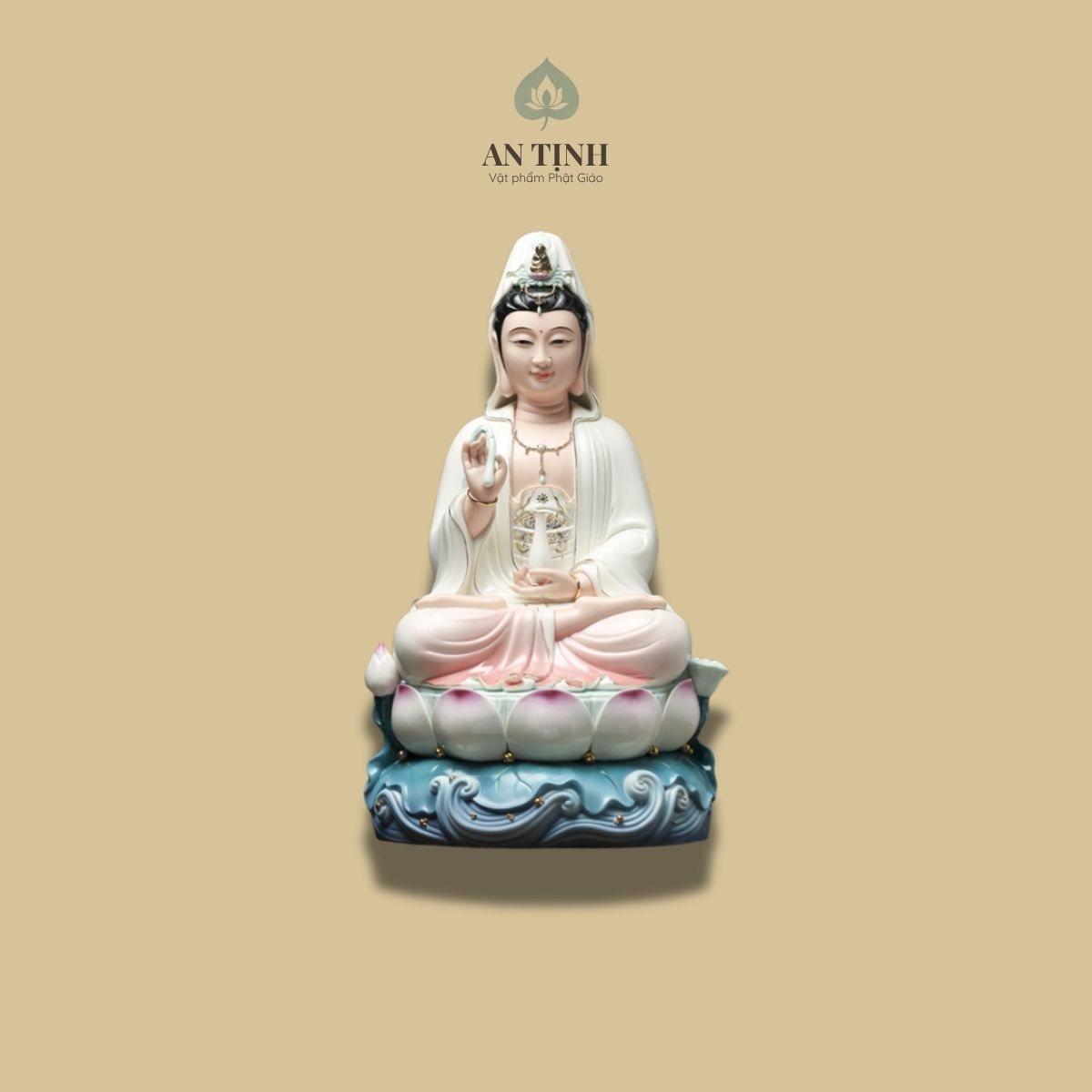 Tượng Phật Bà Quan Âm ngồi hoa sen mặt cười