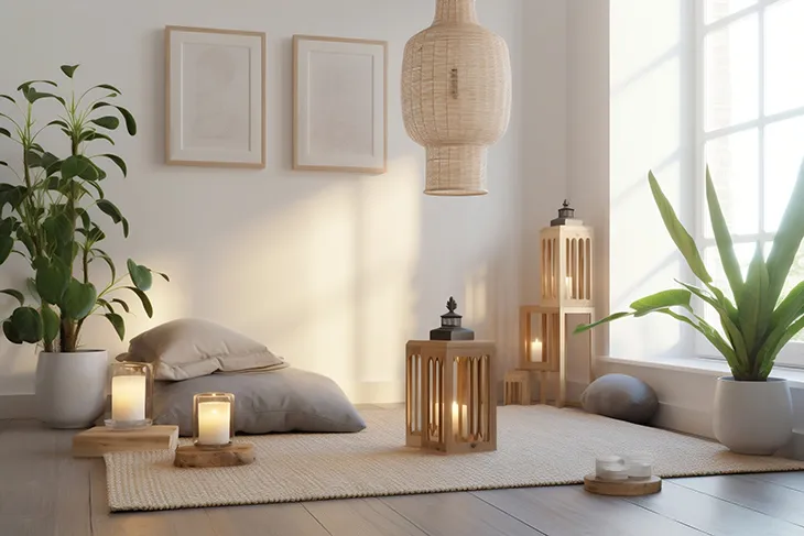 Chất liệu tự nhiên như gỗ, đá, cây xanh và màu sắc trầm, hài hòa với thiên nhiên (be, trắng, nâu, xám) tạo cảm giác thư thái, bình yên, hỗ trợ tâm trí lắng đọng và quá trình thiền định hiệu quả hơn.