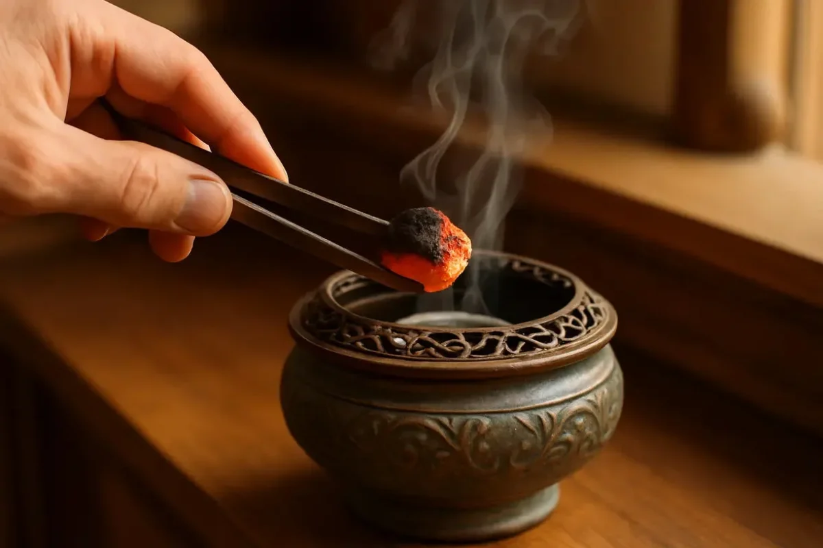 Bạn không nên đốt trực tiếp bột trầm trong lư gỗ hoặc lư sứ mỏng, vì sẽ khiến bột không cháy hết và tỏa ít hương, mà thay vào đó, hãy đặt một ít than hồng vào lư trước, sau đó mới rắc bột trầm lên trên để than tạo nhiệt âm ỉ, giúp bột cháy đều và lan tỏa hương thơm hiệu quả
