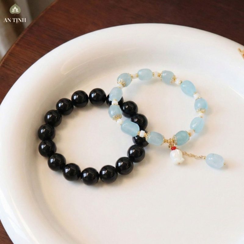 Combo Vòng Tay Aquamarine Hoa Huệ Trắng + Vòng Tay Obsidian