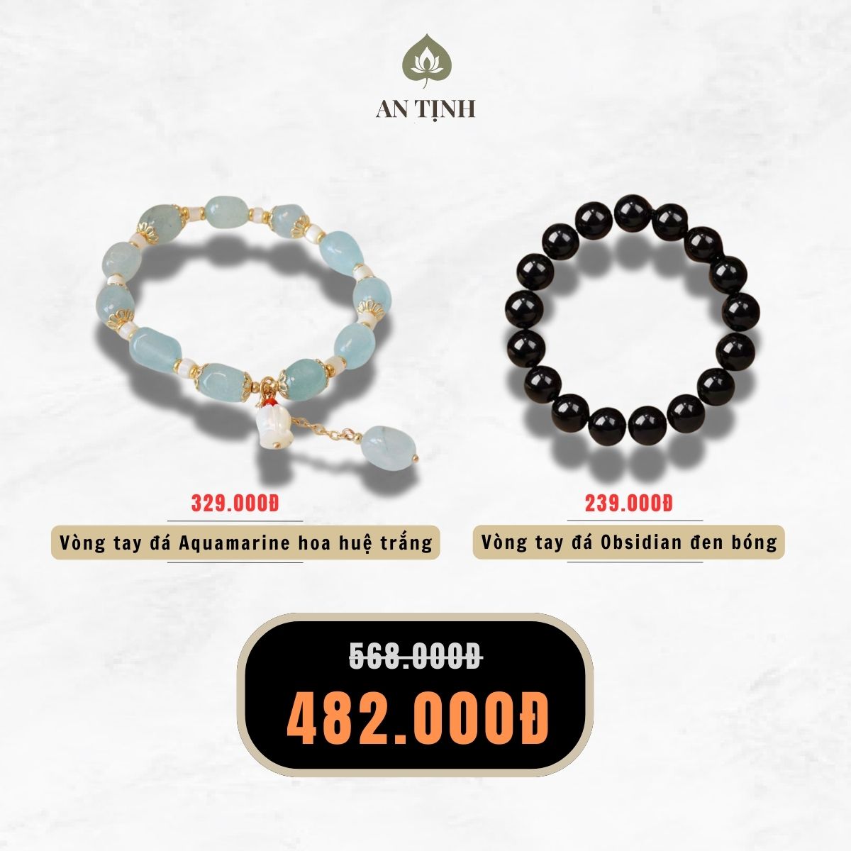 Combo Vòng Tay Aquamarine Hoa Huệ Trắng + Vòng Tay Obsidian