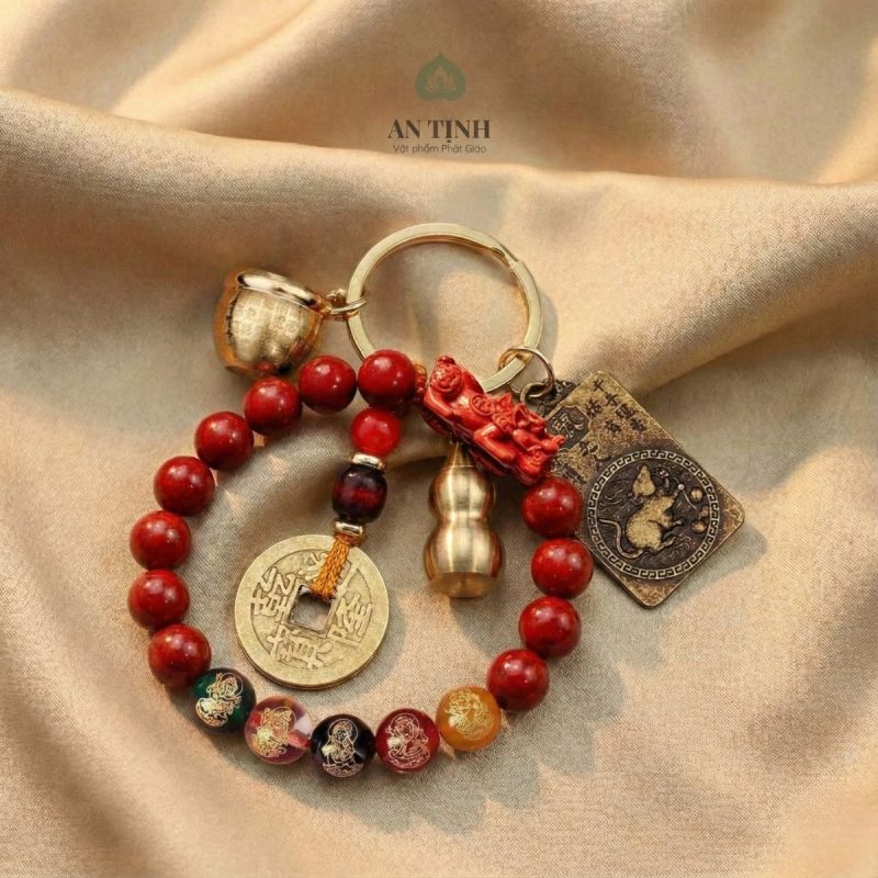 Combo Vòng Tay Chu Sa Ngũ Lộ Thần Tài Tỳ Hưu + Móc Khóa 12 Con Giáp