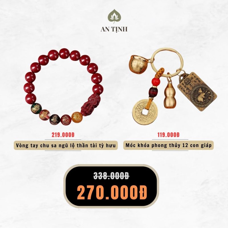 Combo Vòng Tay Chu Sa Ngũ Lộ Thần Tài Tỳ Hưu + Móc Khóa 12 Con Giáp