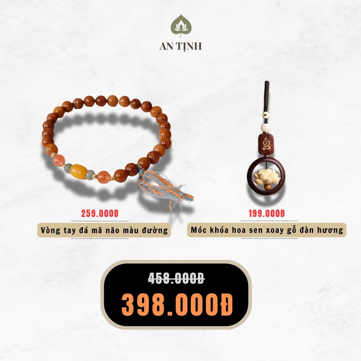 Combo Vòng Tay Mã Não Màu Đường + Móc Khóa Hoa Sen Xoay