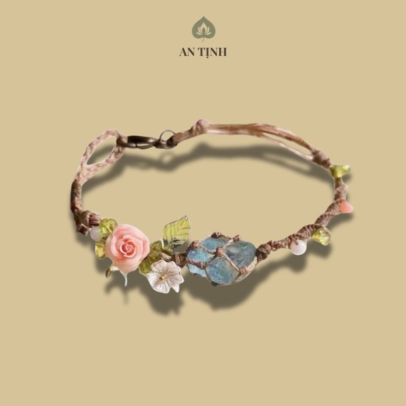 Vòng Tay Đá Aquamarine Phối Hoa Vintage Vòng Tay Đá Aquamarine Phối Hoa Vintage