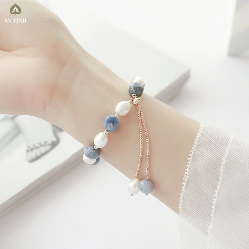 Vòng Tay Đá Đông Lăng Xanh Phối Ngọc Trai Nước Ngọt