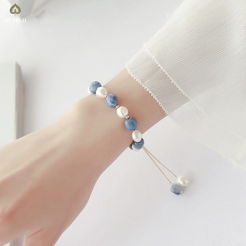 Vòng Tay Đá Đông Lăng Xanh Phối Ngọc Trai Nước Ngọt