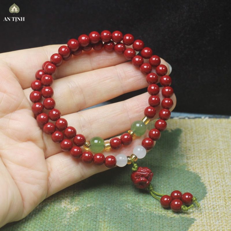 Vòng Tay Đôi Đá Chu Sa Phối Charm Hoa Sen