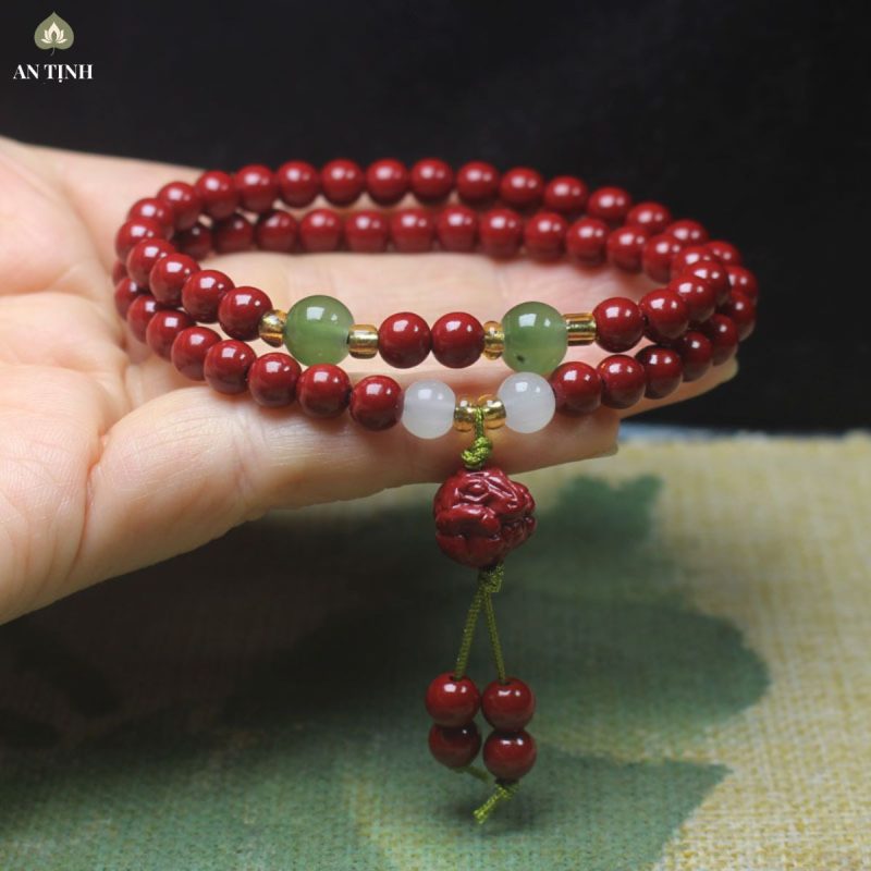 Vòng Tay Đôi Đá Chu Sa Phối Charm Hoa Sen