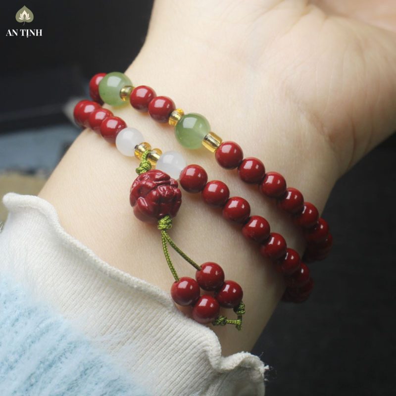 Vòng Tay Đôi Đá Chu Sa Phối Charm Hoa Sen